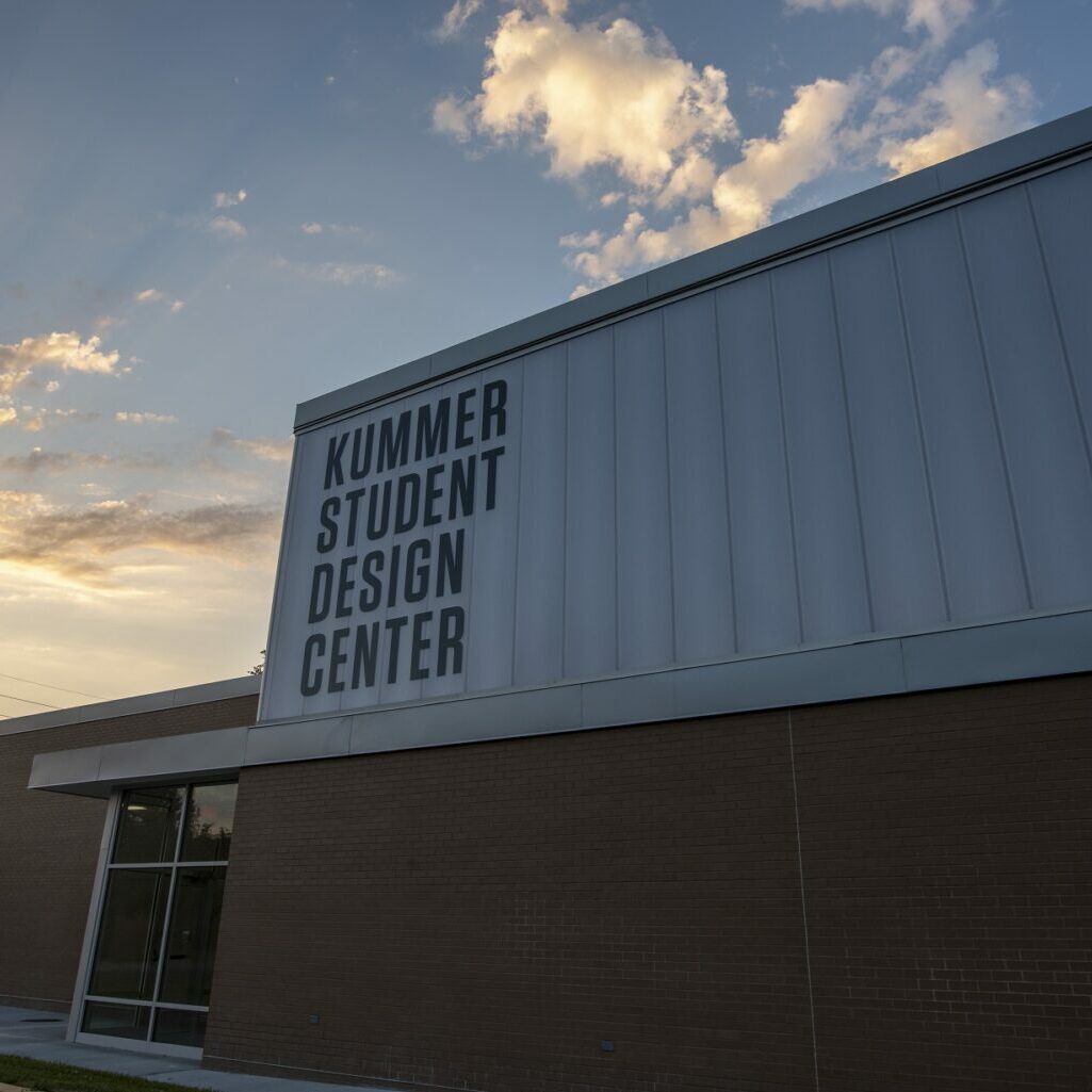 Photo ©2020 Tom Wagner/S&amp;T Design Center, Missouri S&amp;T Student Design Center, (SDELC), Exterior Architectural night photo of building extension with signage.
